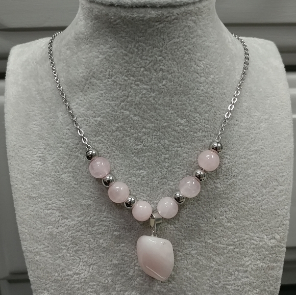 Rose Quartz Necklace Natural Gemstone Crystal Pendant Stainless-Steel Chain - Picture 16 of 16